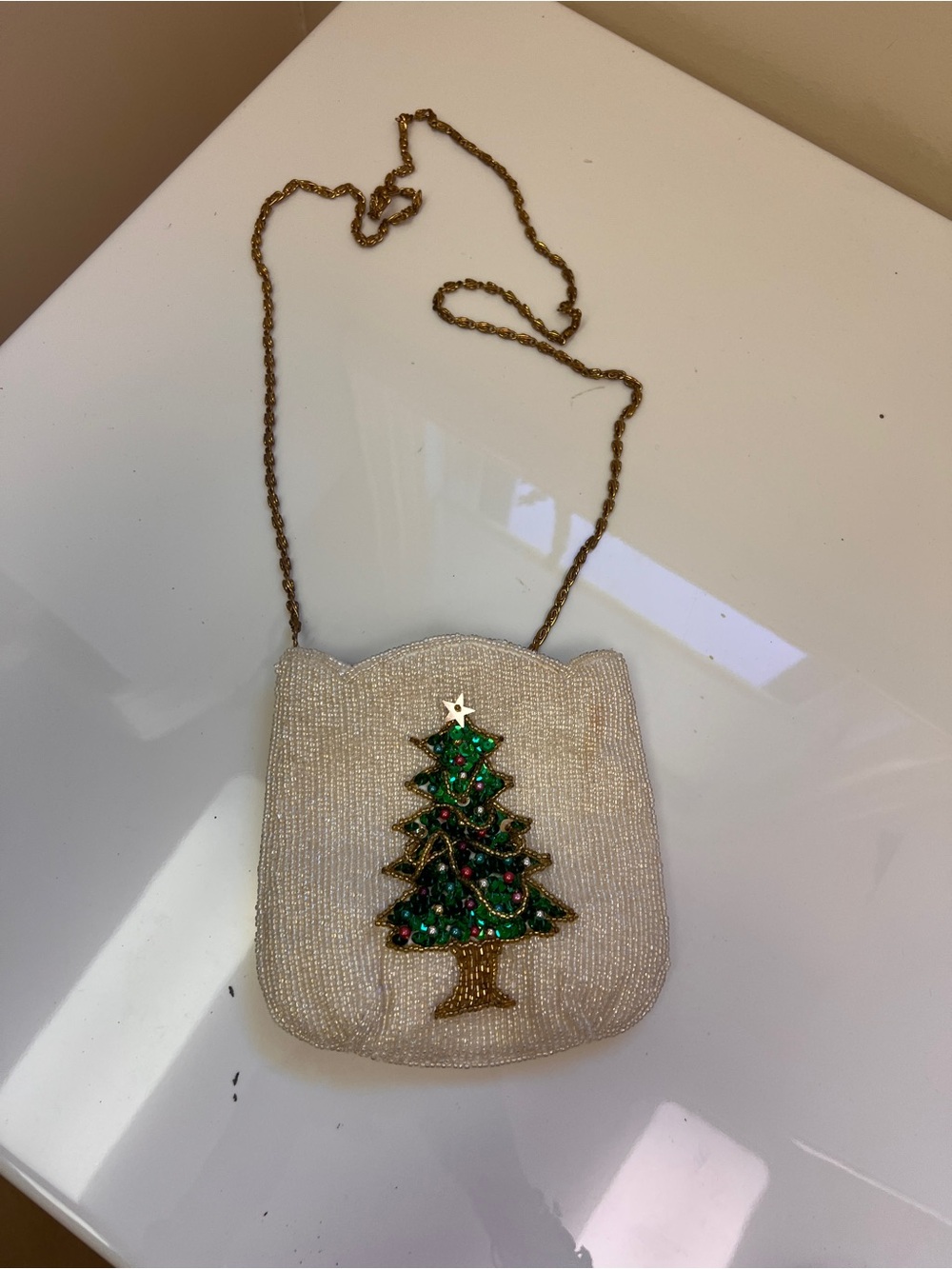 Beaded Cream Holiday Crossbody Bag with Christmas Tree